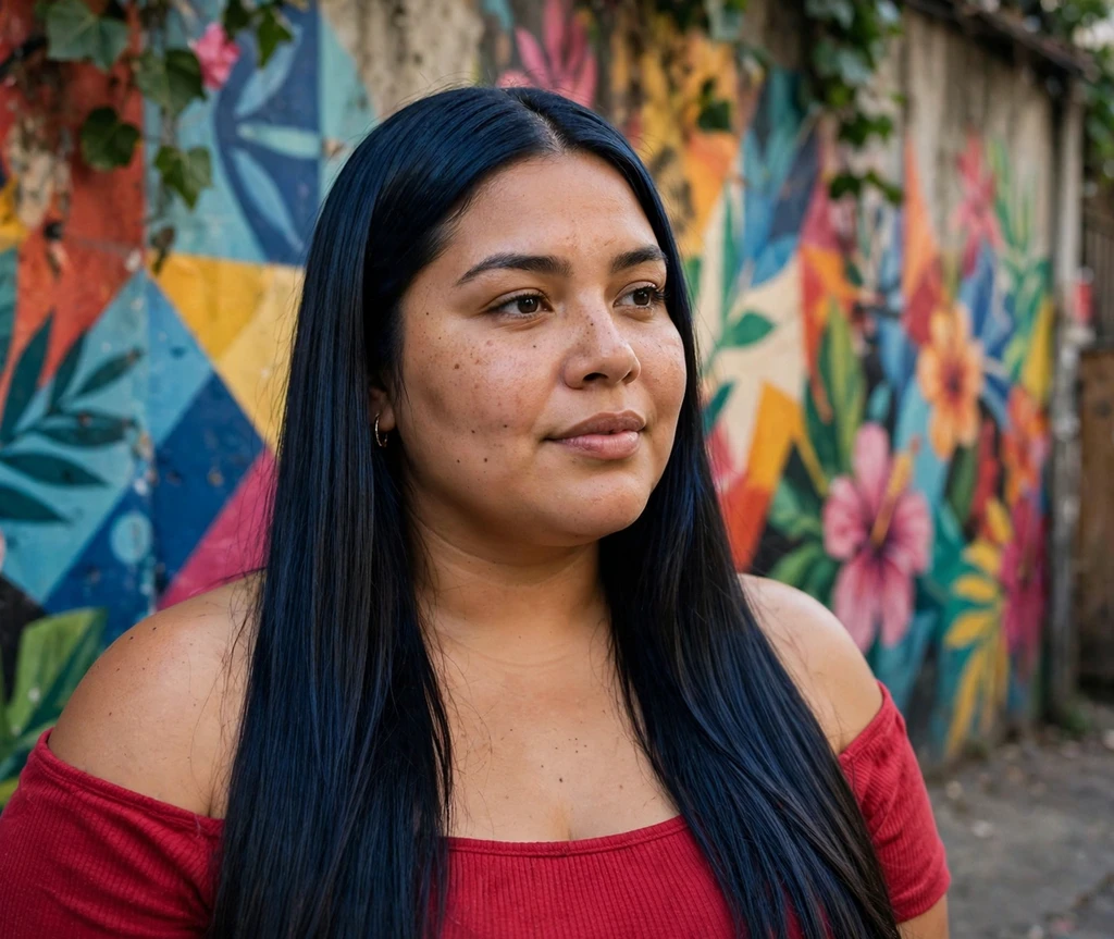 Plus-size Latina woman with long sleek straight blue-black hair