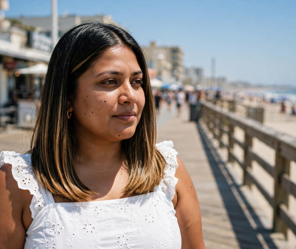 Plus-size South Asian woman with a sleek straight long bob with honey balayage