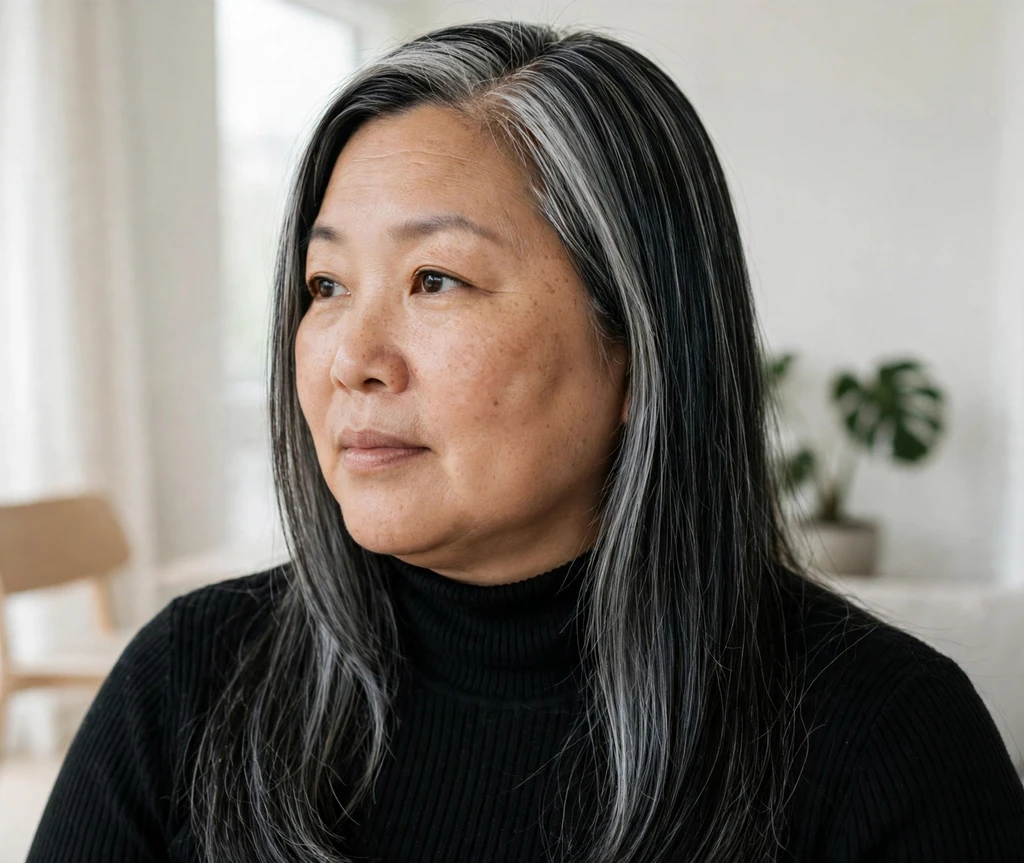 Plus-size East Asian woman with long sleek straight hair with silver streaks