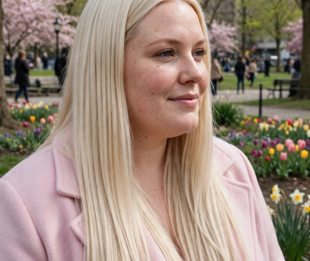 Plus-size white woman with long sleek straight ice blonde hair