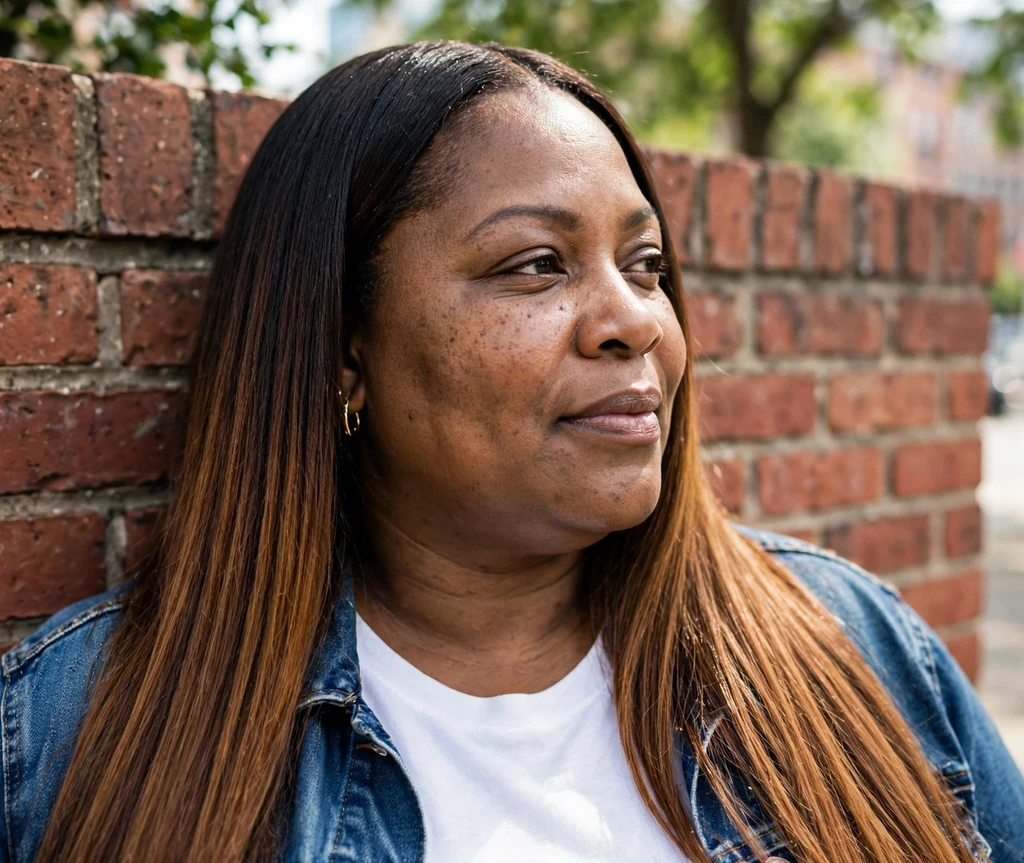 Plus-size Black woman with long sleek straight hair with a caramel ombre