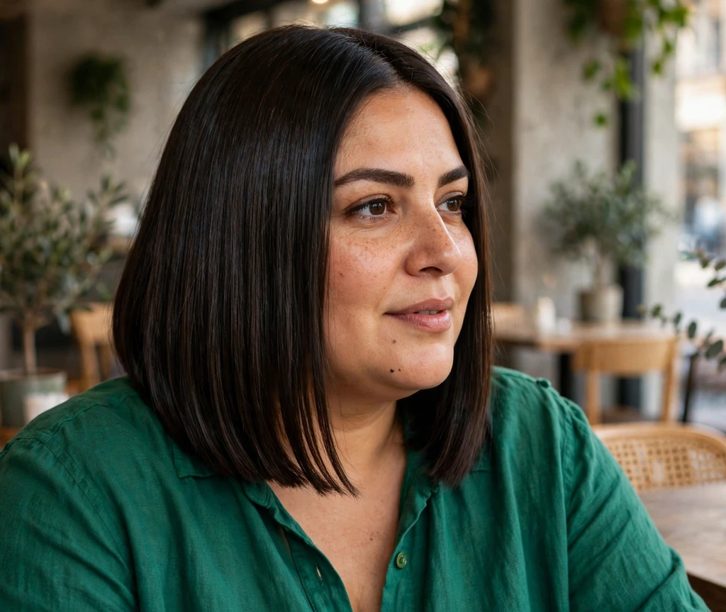 Plus-size Middle Eastern woman with a sleek blunt-cut straight dark brown shoulder-length haircut