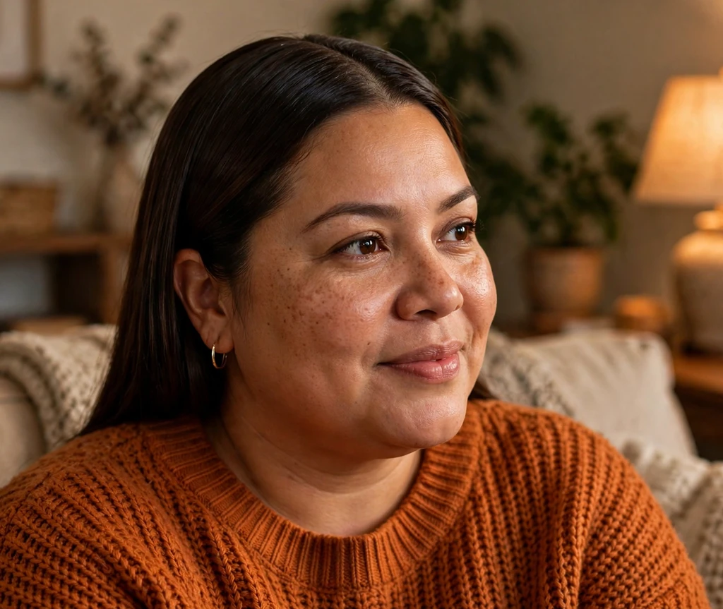 Plus-size Latina woman with sleek straight espresso brown hair tucked behind the ears