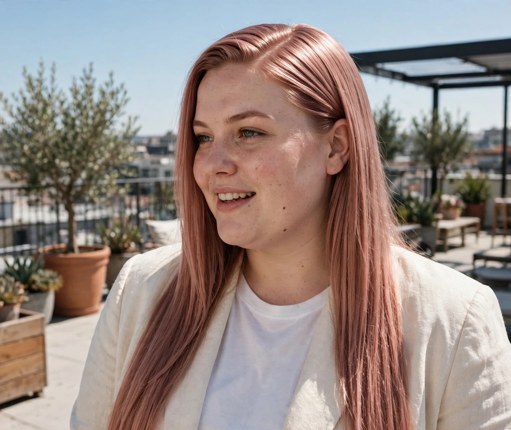 Plus-size white woman with long sleek straight rose gold hair