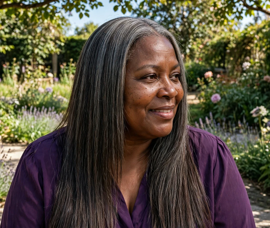 Plus-size Black woman with long sleek straight hair blending gray and dark brown