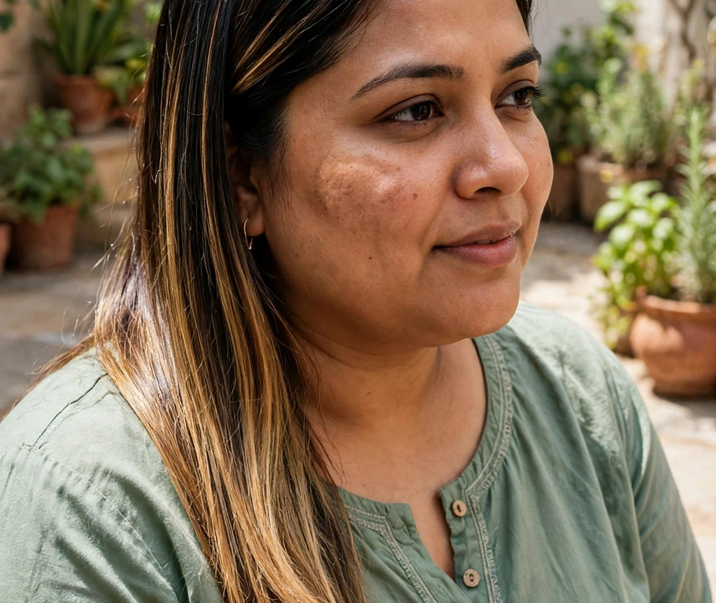 Plus-size South Asian woman with sleek straight hair with golden balayage