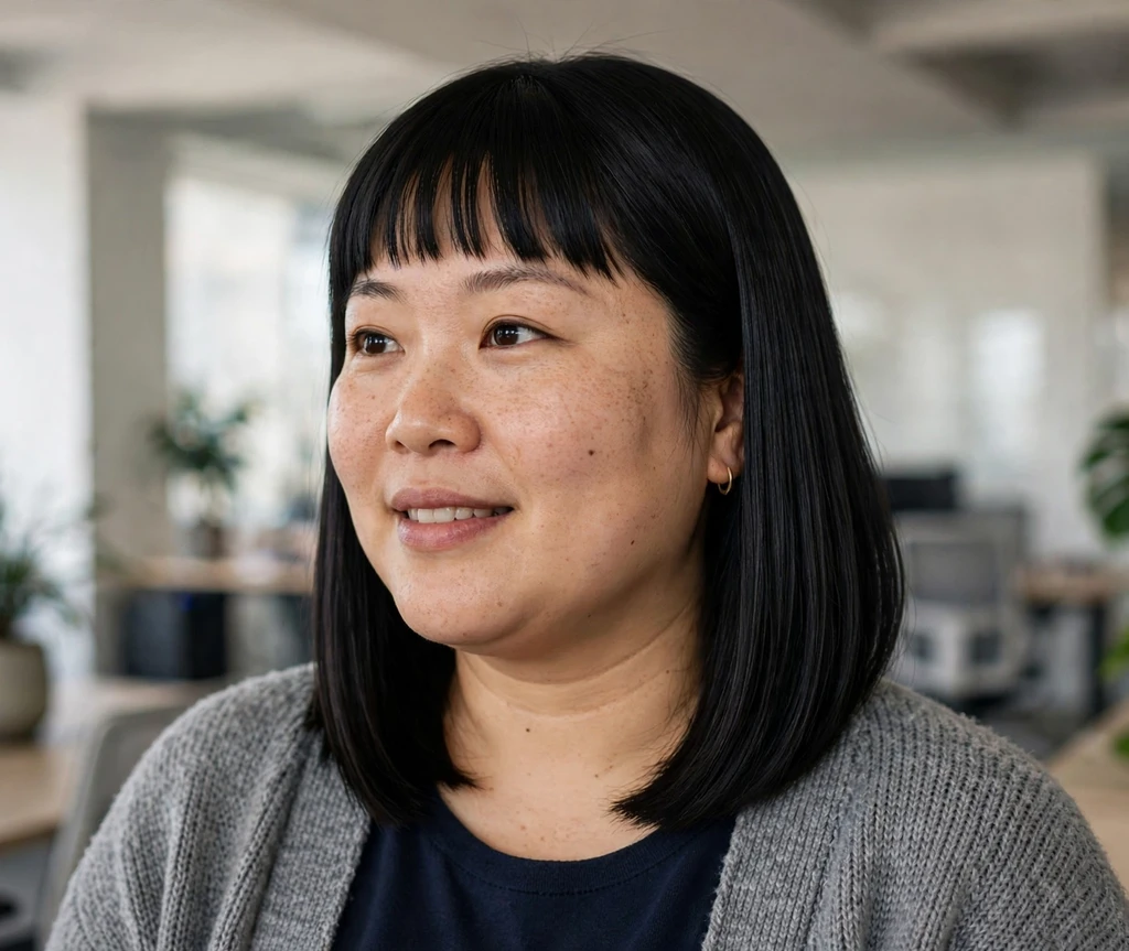 Plus-size East Asian woman with a sleek straight black shoulder-length bob with straight bangs
