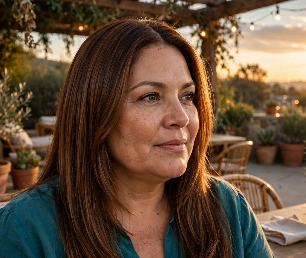 Plus-size Latina woman with long sleek straight chestnut brown hair with face-framing layers