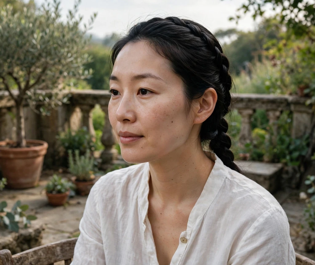 Woman with a classic French braid on a garden terrace