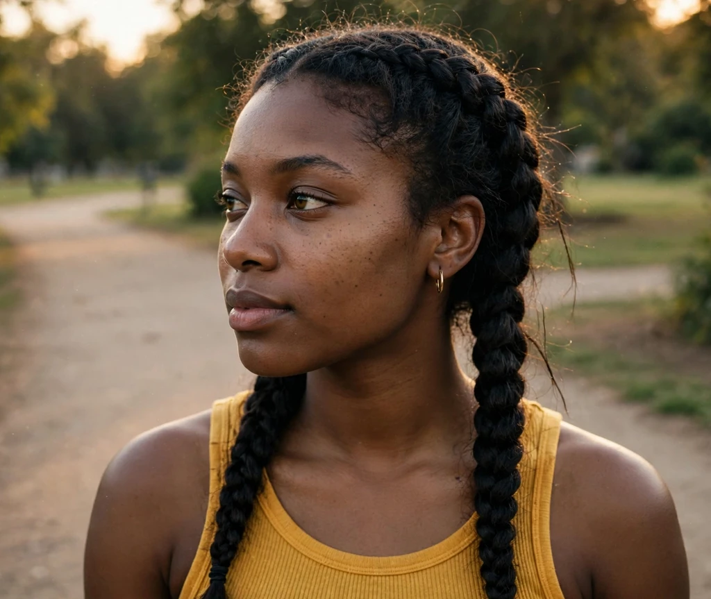 Woman with double Dutch braids on a park path