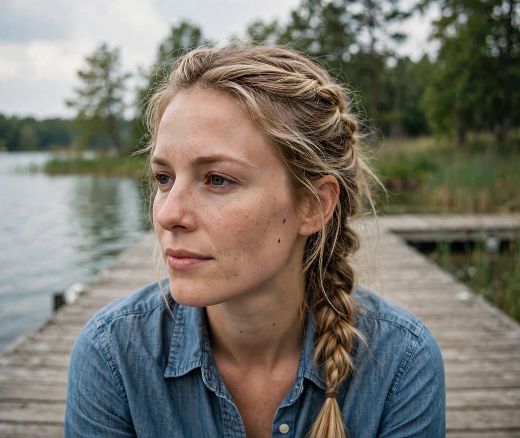 Woman with a loose fishtail braid at a lakeside dock