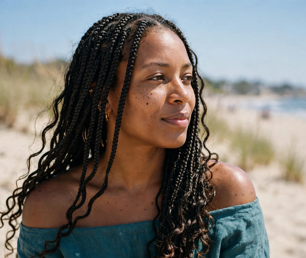 Woman with boho box braids on a beach