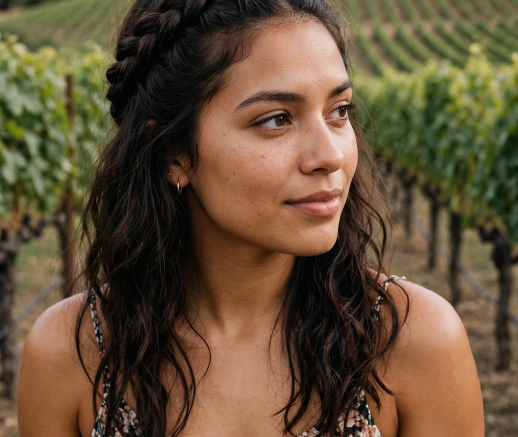 Woman with a crown braid in a vineyard