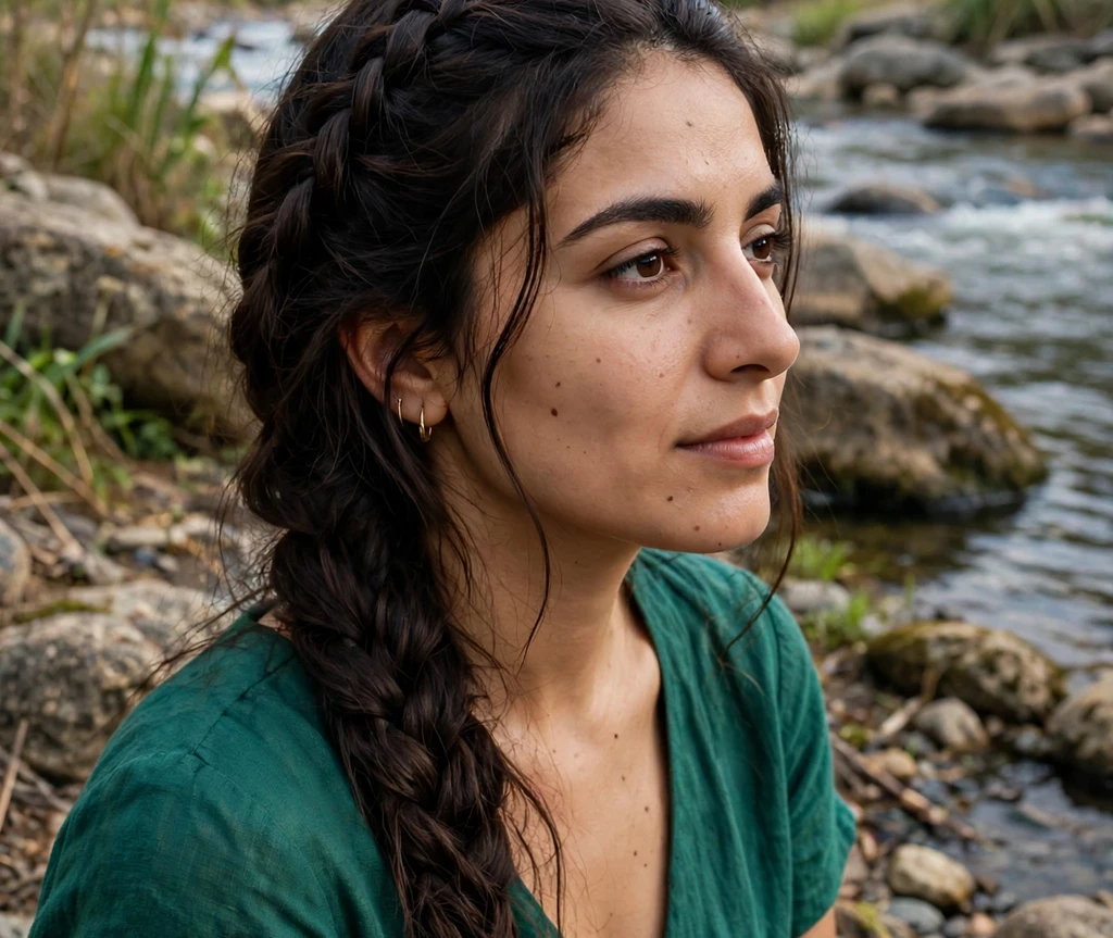 Woman with a waterfall braid by a river