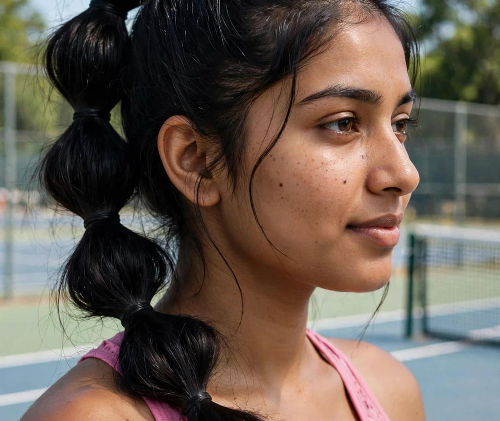 Woman with a bubble braid ponytail on a tennis court