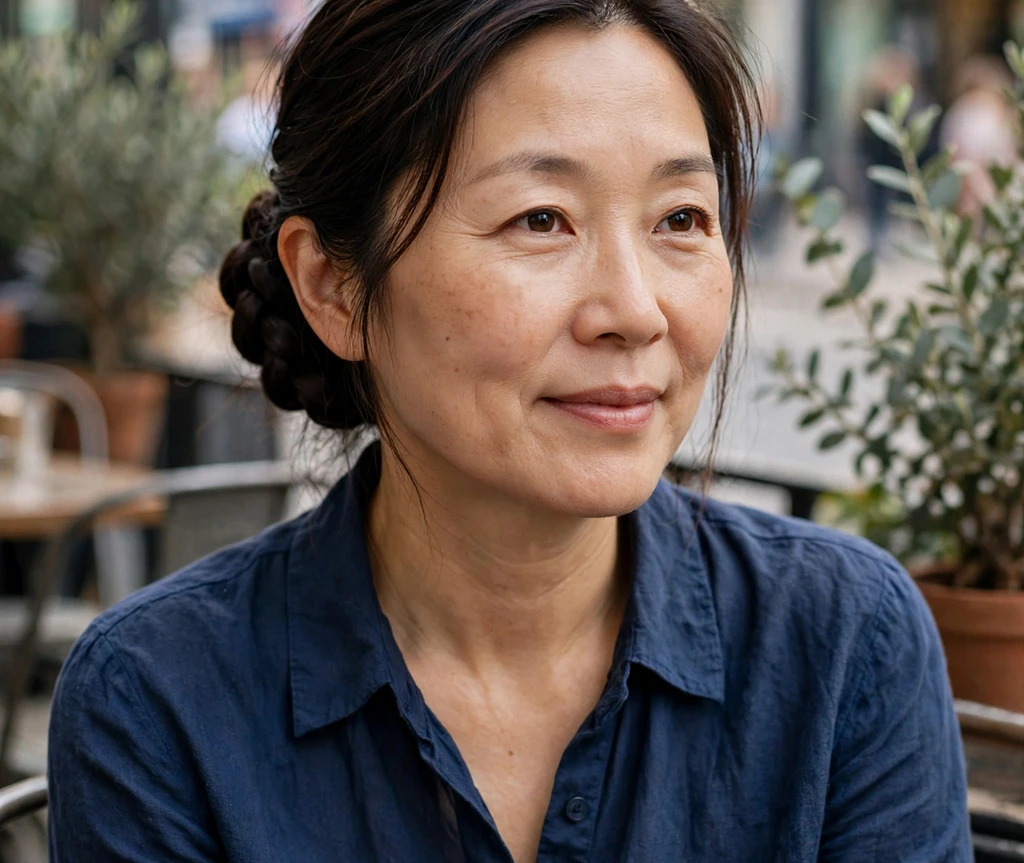 Woman with a braided low bun at a cafe terrace