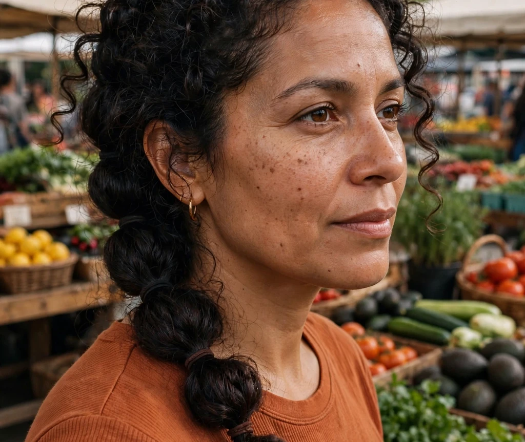 Woman with a pull-through braid at a farmers market