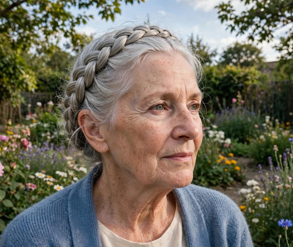 Woman with milkmaid braids in a flower garden