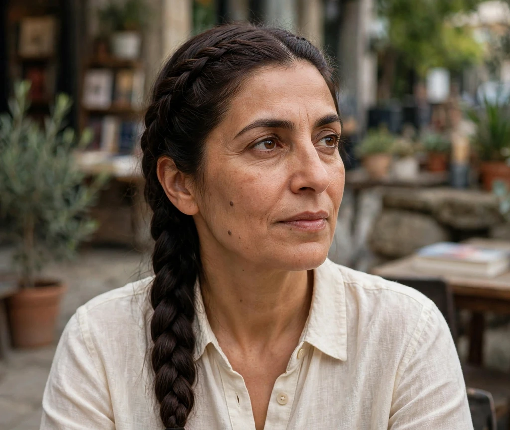 Woman with a four-strand braid on a bookstore patio