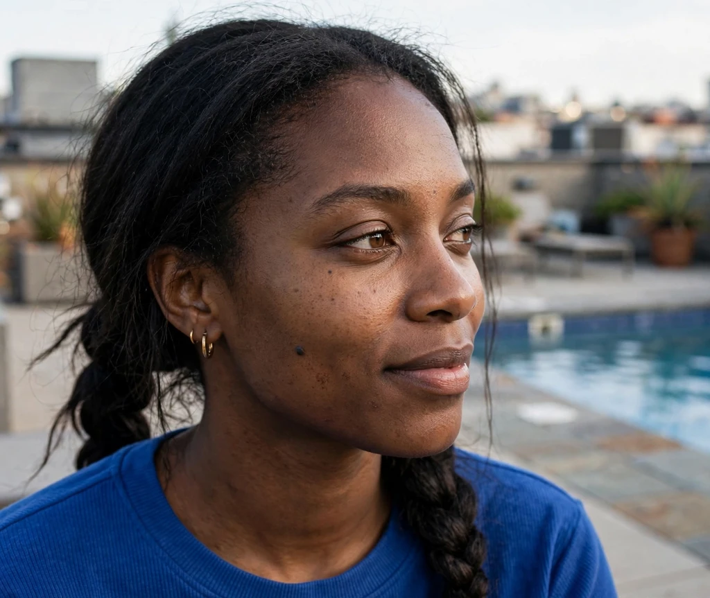 Woman with a rope braid ponytail at a rooftop pool