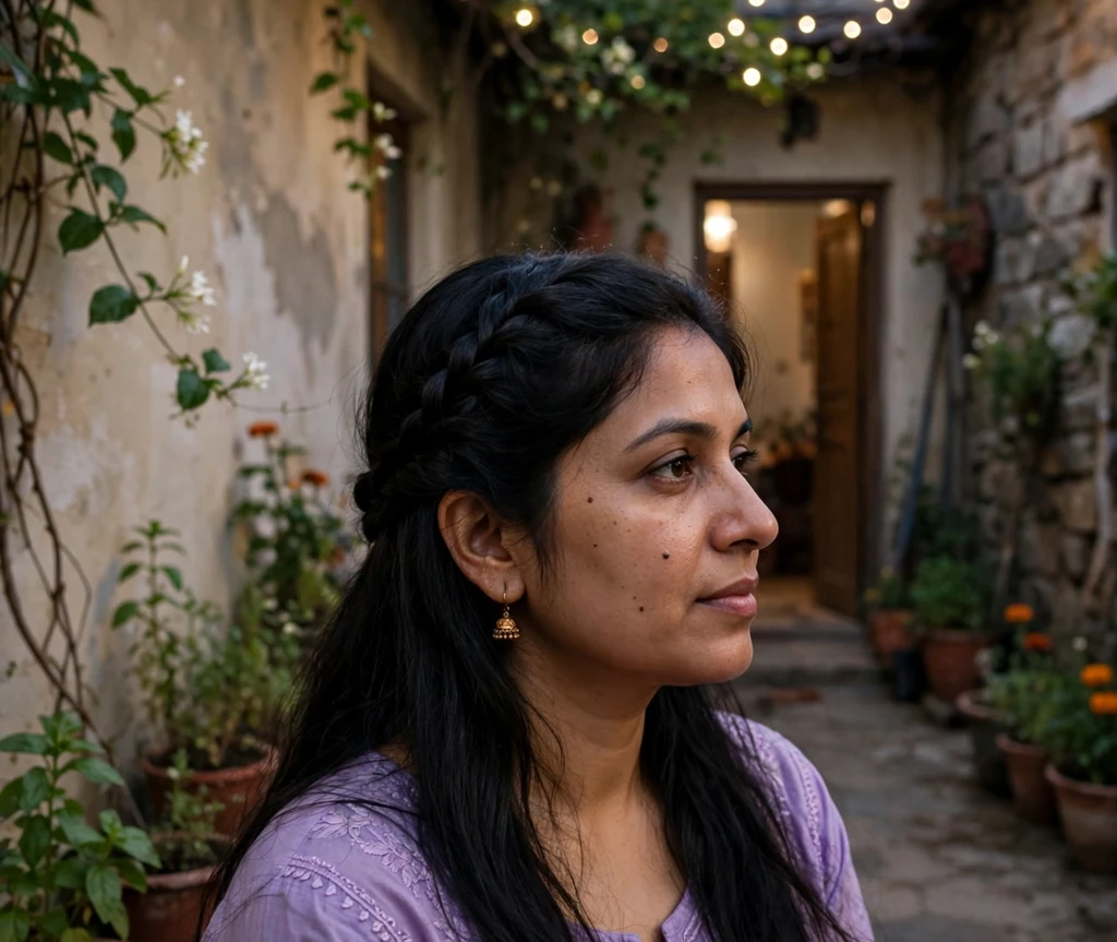 Woman with a half-up waterfall braid in a courtyard