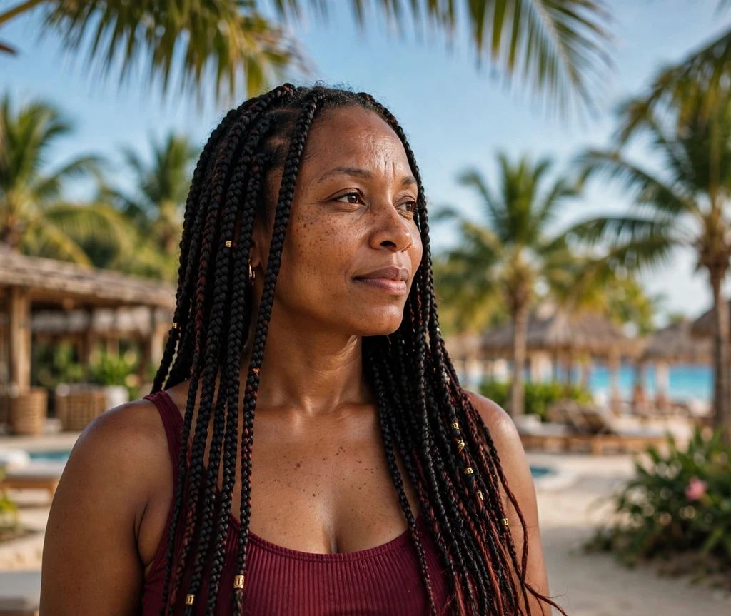 Woman with goddess box braids at a beach resort