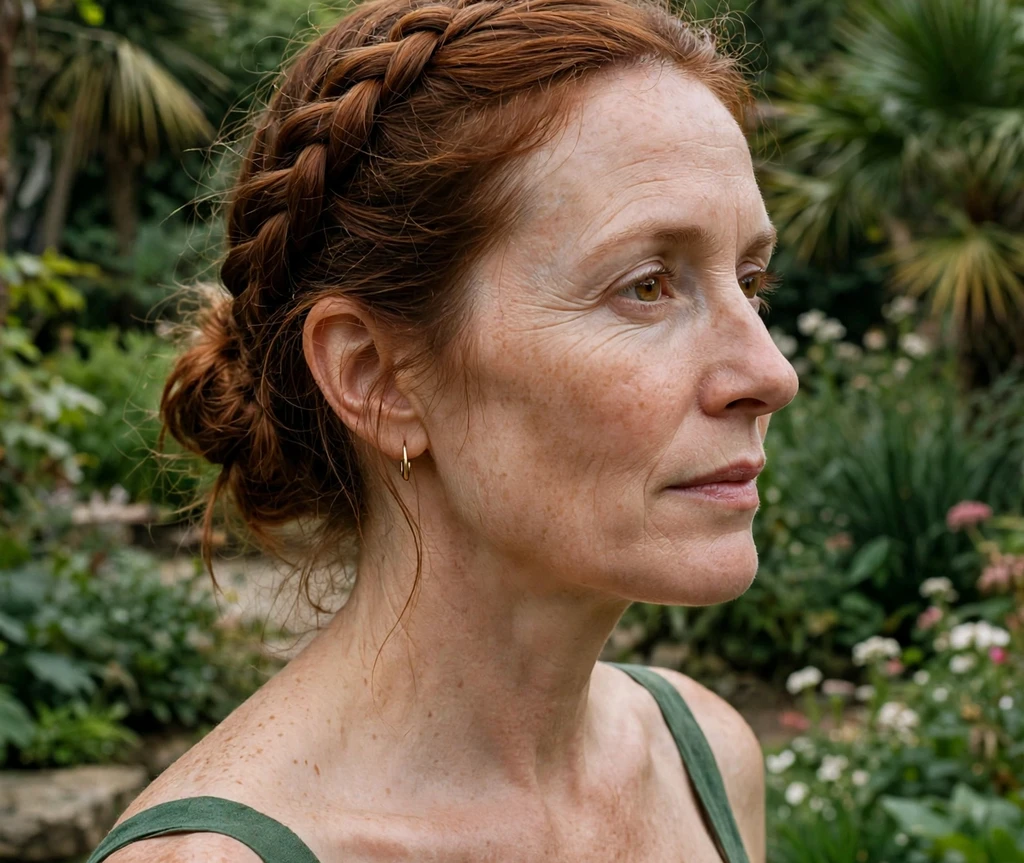 Woman with a French braid bun in a botanical garden
