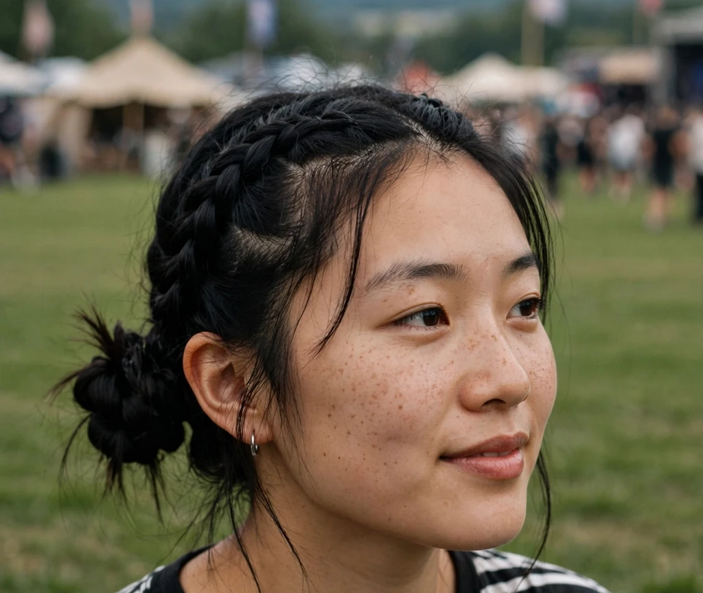 Woman with Dutch braid space buns at a music festival