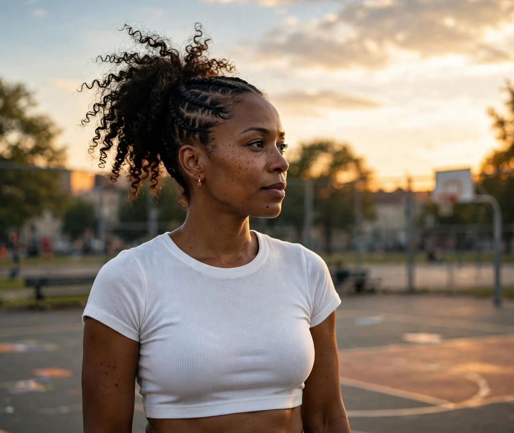 Woman with a cornrow ponytail at sunset