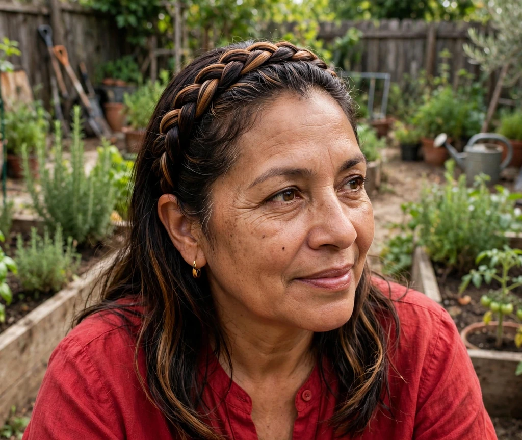 Woman with a braided headband in a kitchen garden