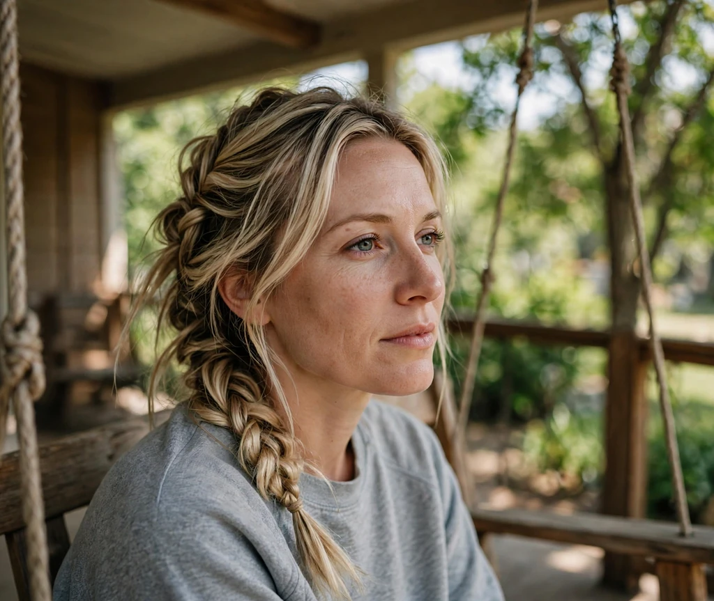 Woman with a messy side fishtail on a porch