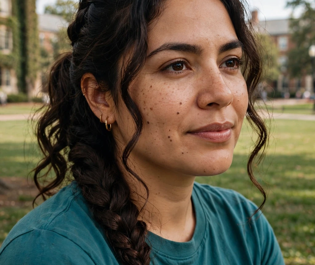 Woman with a topsy-tail braid on a campus lawn