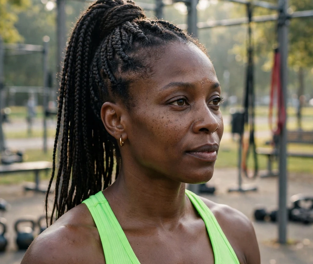 Woman with a braided high ponytail at an outdoor gym