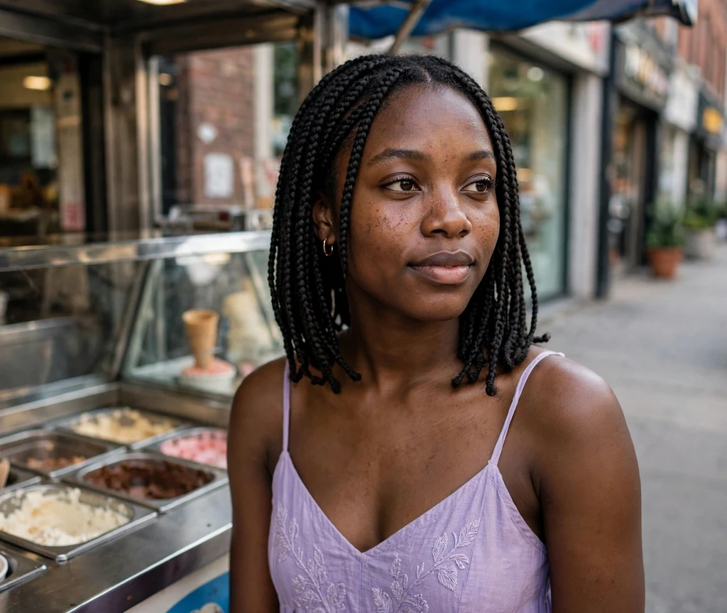 Woman with knotless box braids at an ice cream stand