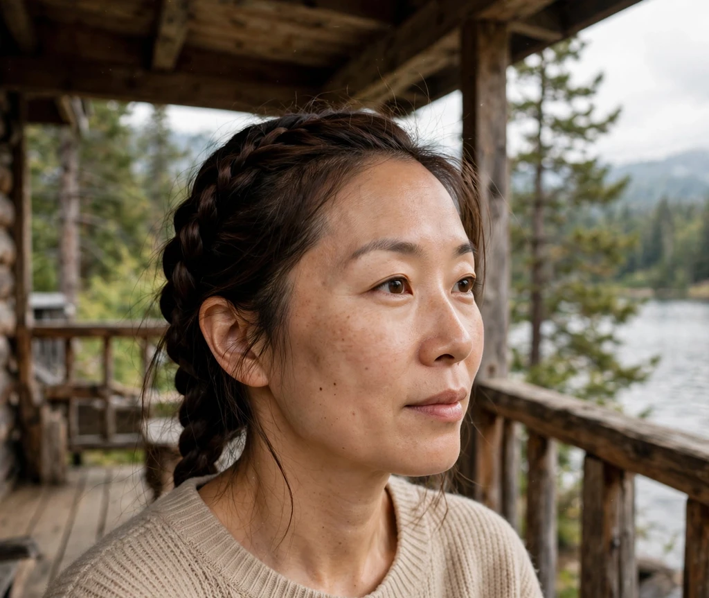 Woman with a reverse French braid on a cabin porch