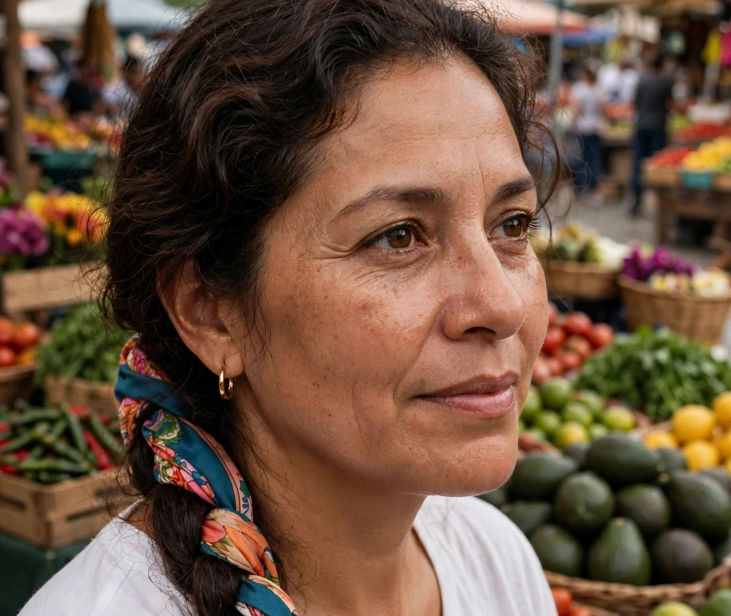 Woman with a braided scarf ponytail at an outdoor market