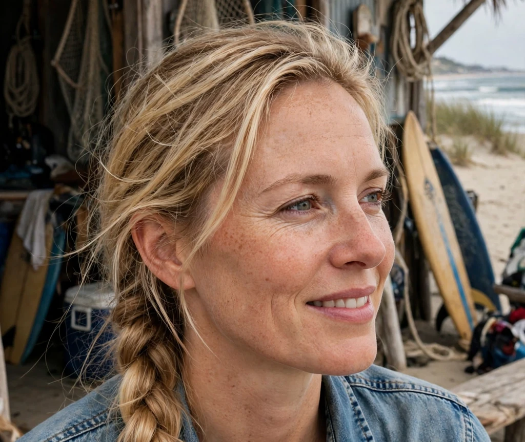 Woman with a three-strand beach braid by a surf shack