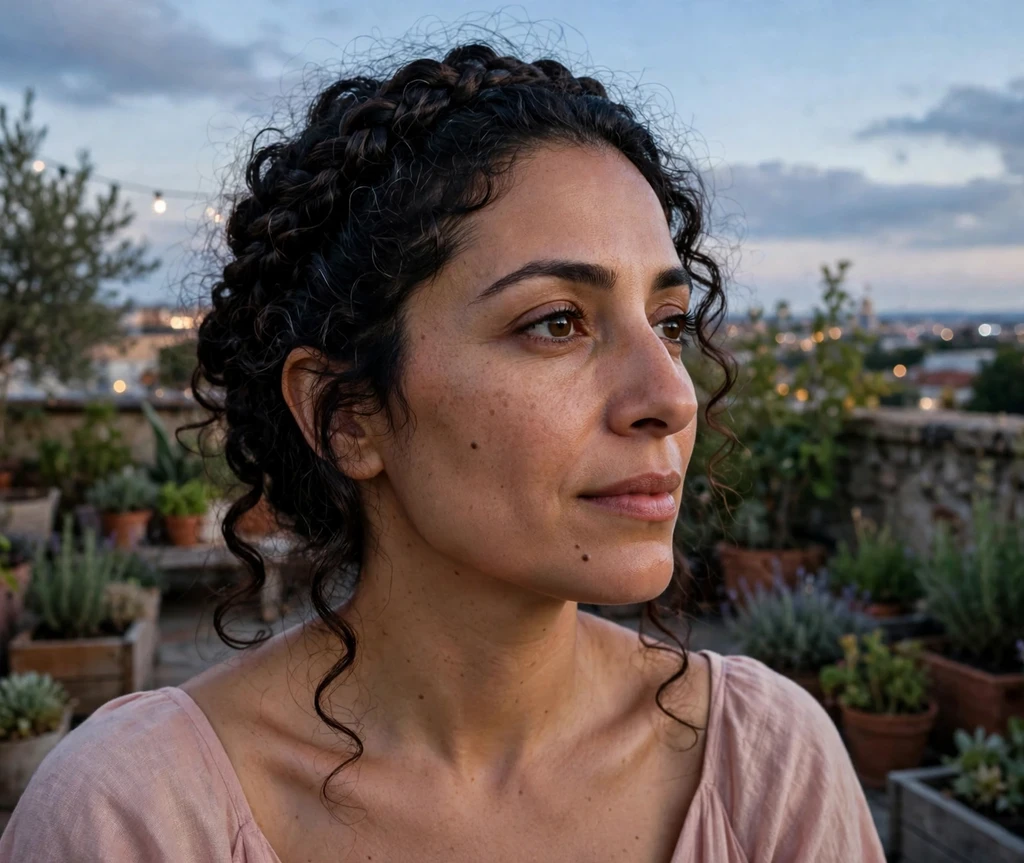 Woman with a twisted crown braid in a rooftop garden