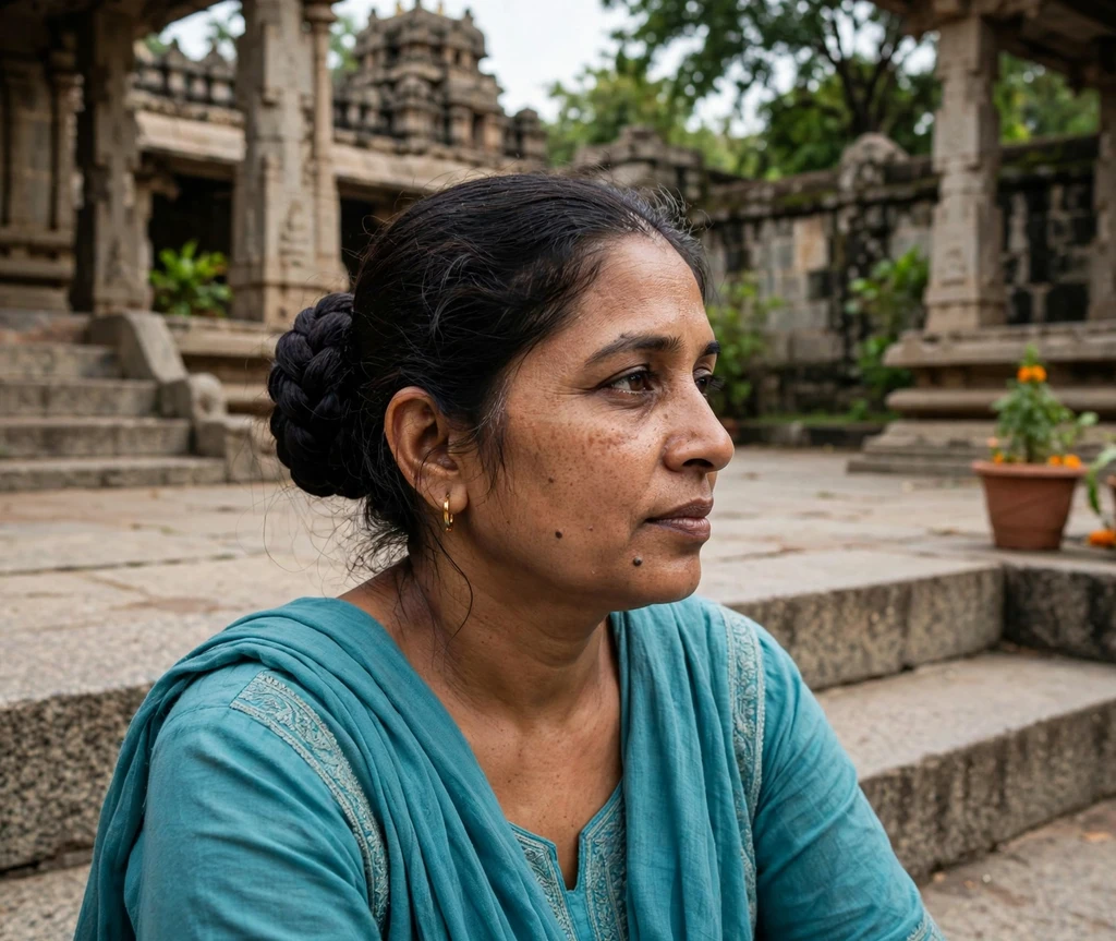 Woman with a braided ballerina bun in a temple courtyard