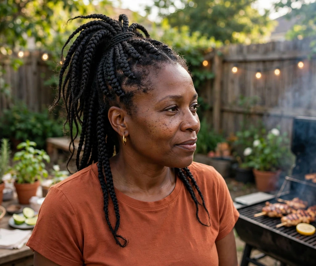 Woman with a chunky box braid ponytail at a barbecue