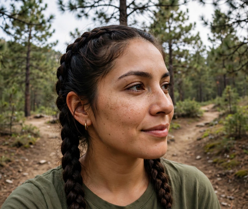Woman with double fishtail braids on a hiking trail