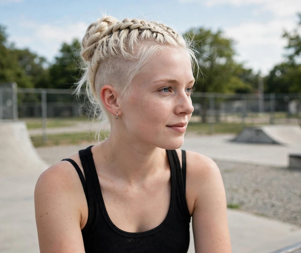Woman with a braided mohawk updo at a skate park
