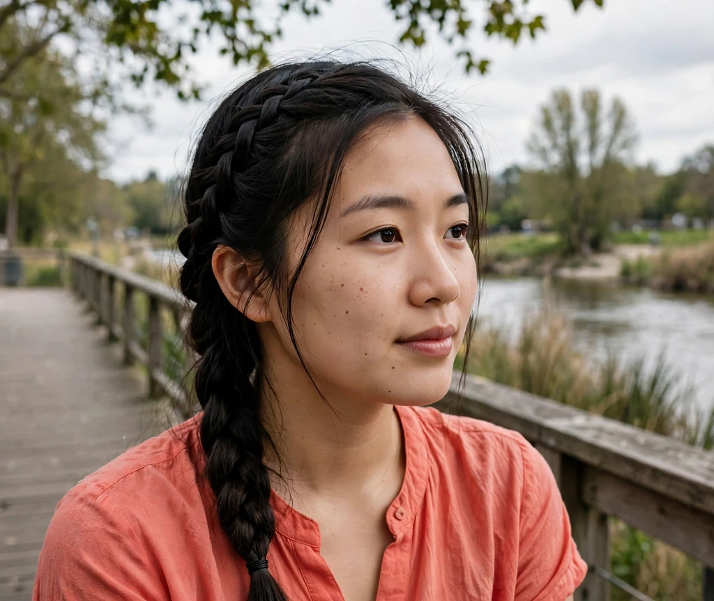 Woman with a side-swept Dutch braid on a boardwalk