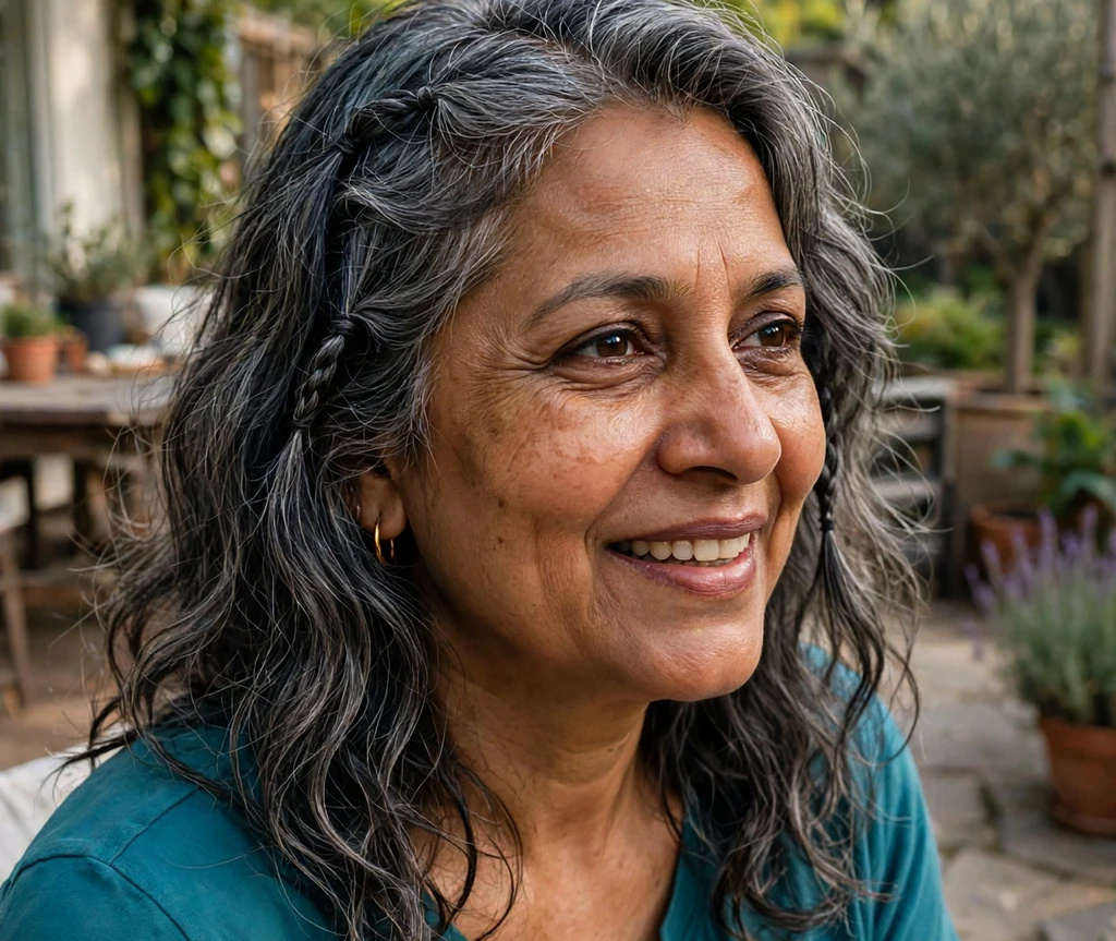 Woman with mini accent braids in wavy hair on a patio