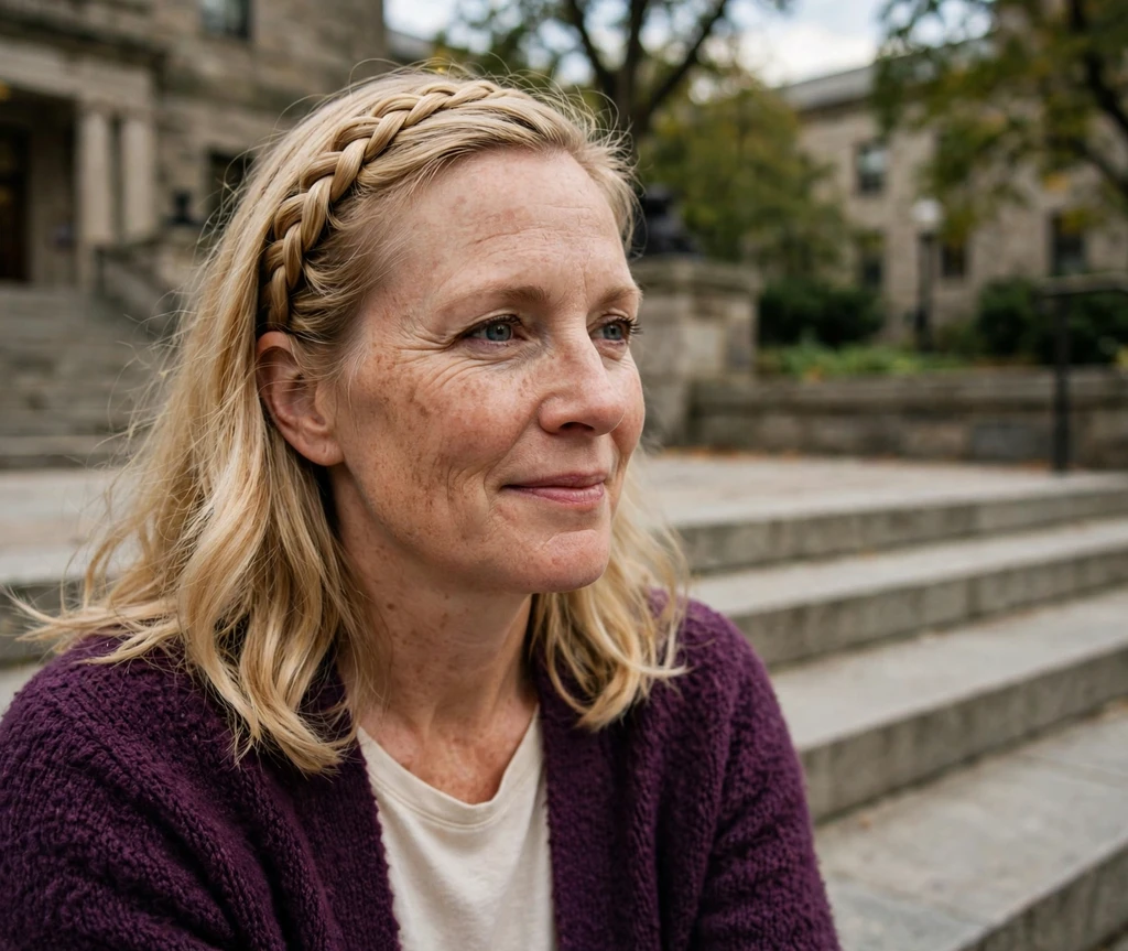 Woman with a French braid headband on library steps