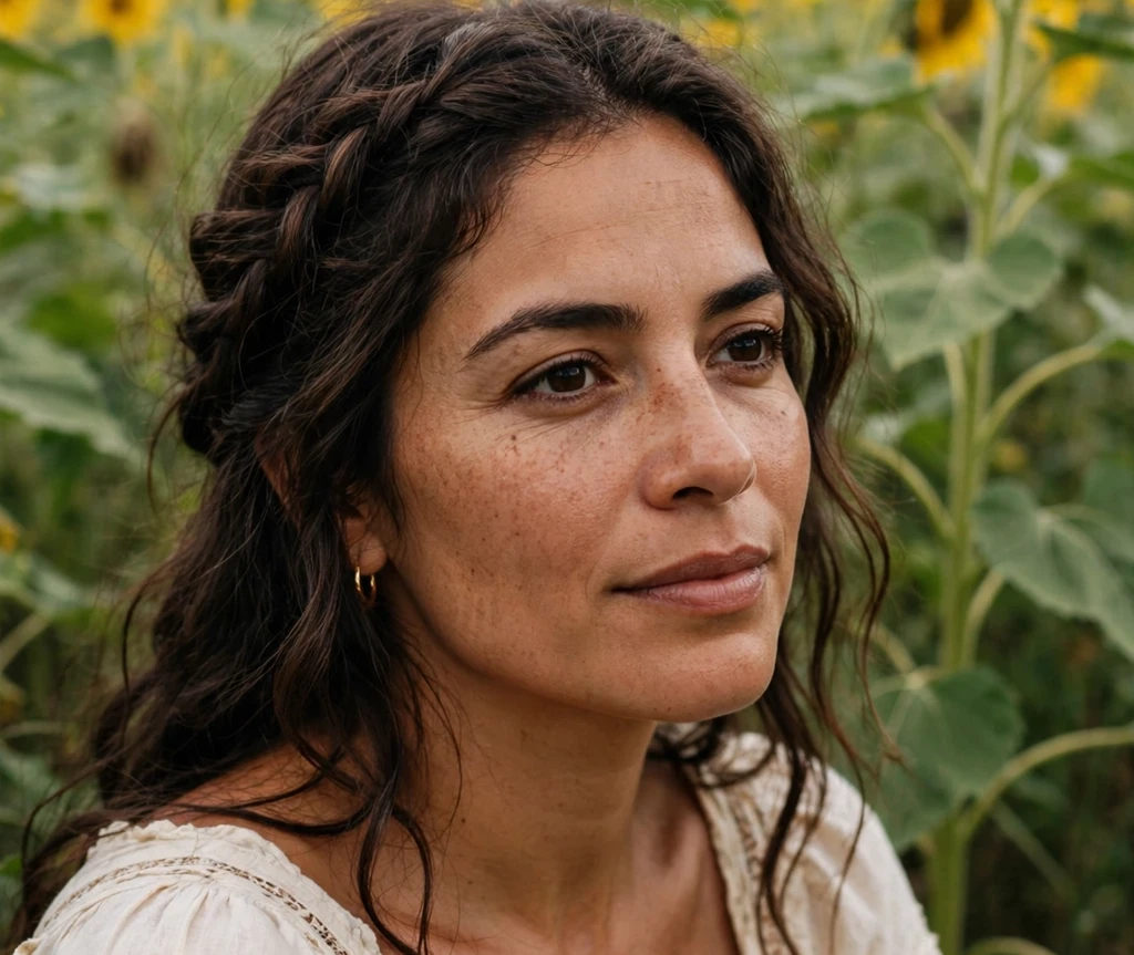 Woman with a loose boho crown braid in a sunflower field