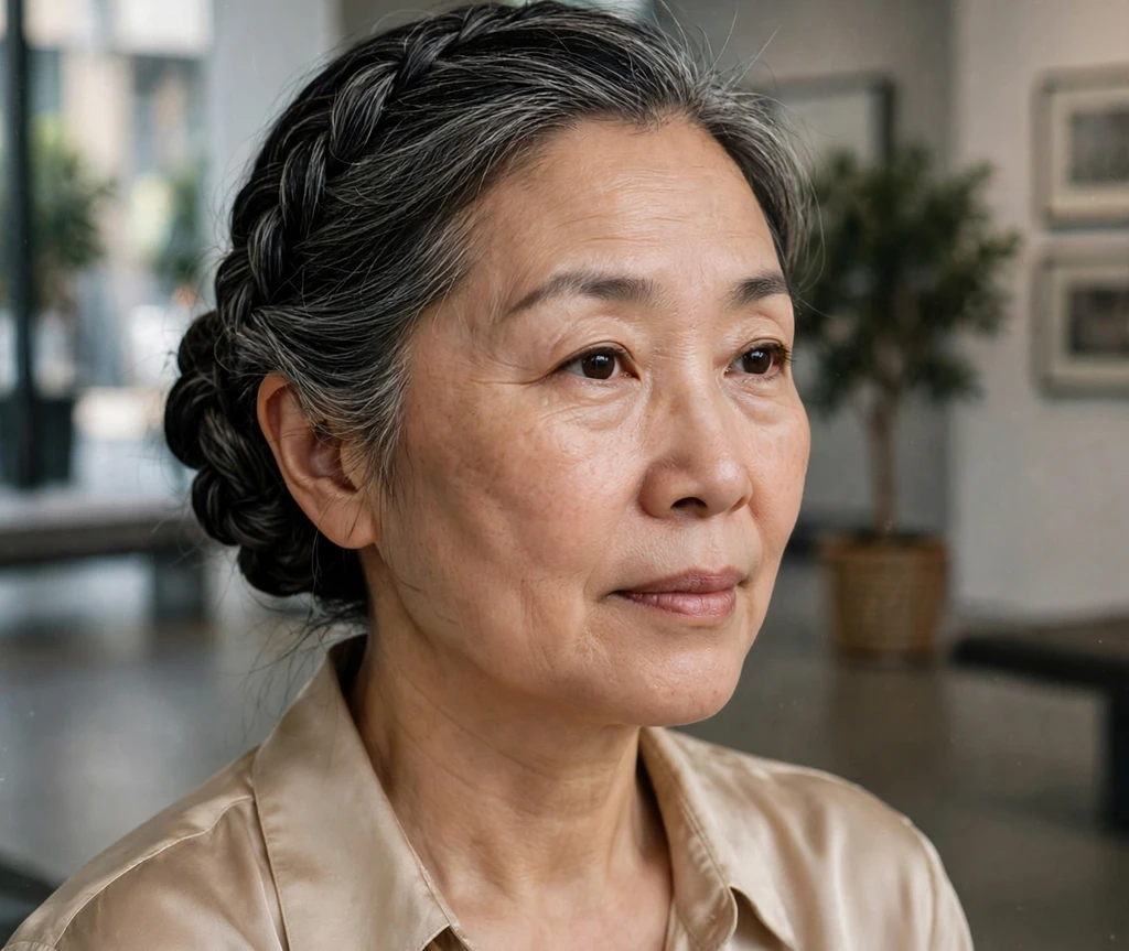 Woman with a braided chignon at an art gallery
