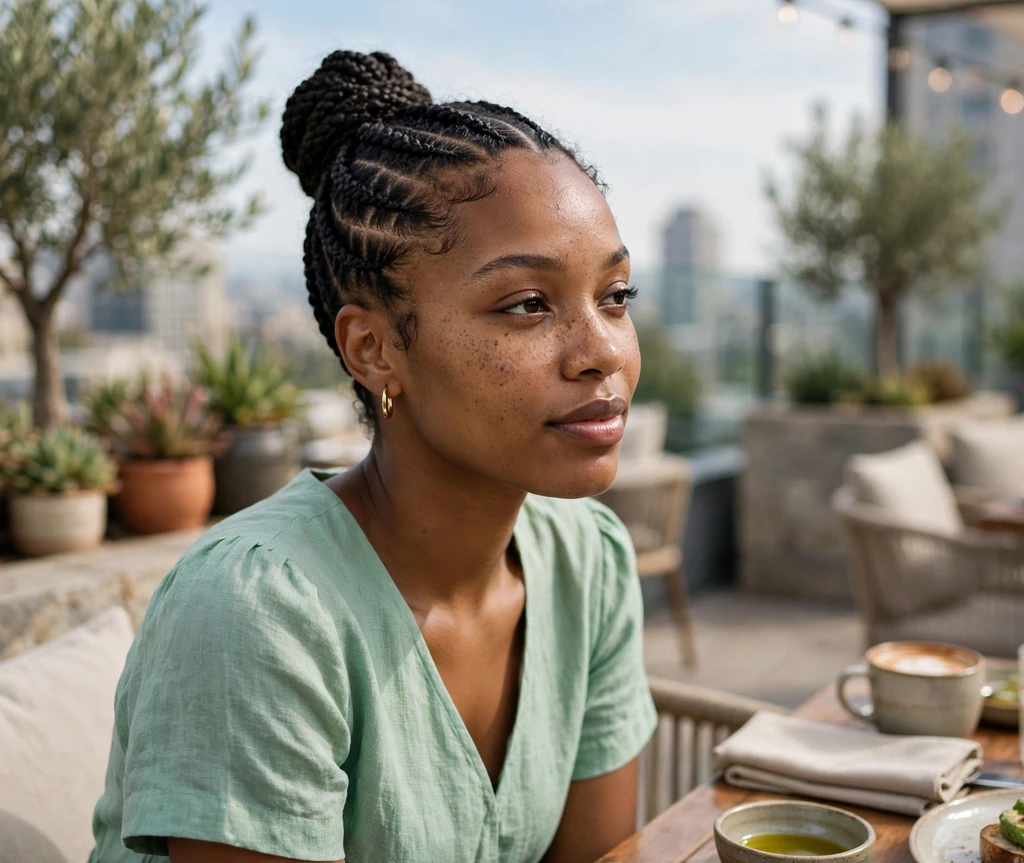 Woman with a sleek cornrow bun at a rooftop brunch