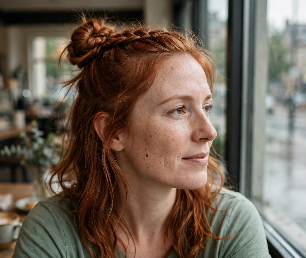 Woman with a braided half-up top knot at a cafe