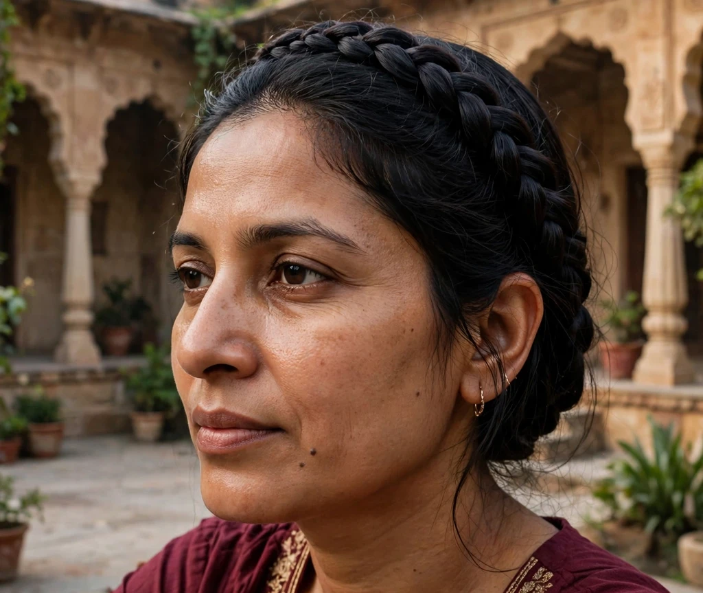 Woman with a halo braid in a palace courtyard